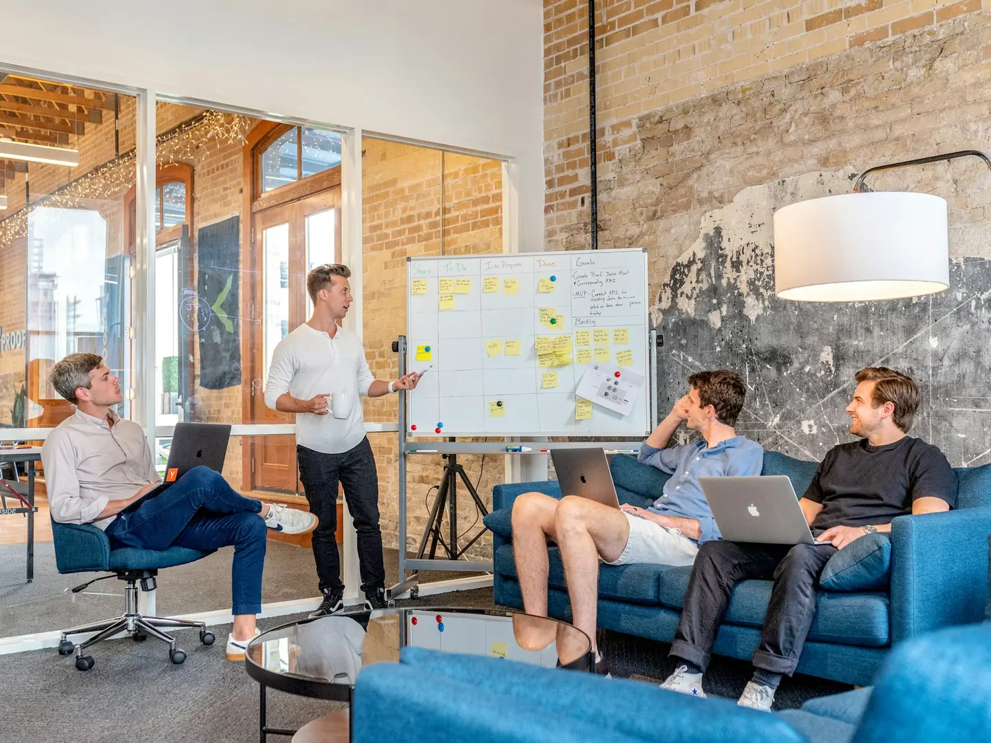Team gathered around a whiteboard during a planning session